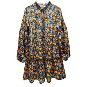 Kirundo Dress Women's Medium Blue Orange Floral Long Sleeve Ruffle Boho EUC